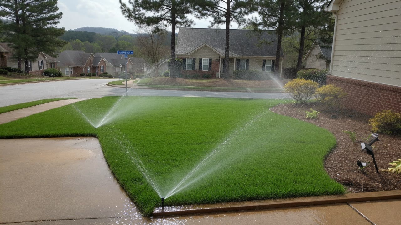 The same front lawn, now thick and green with an irrigation system running
