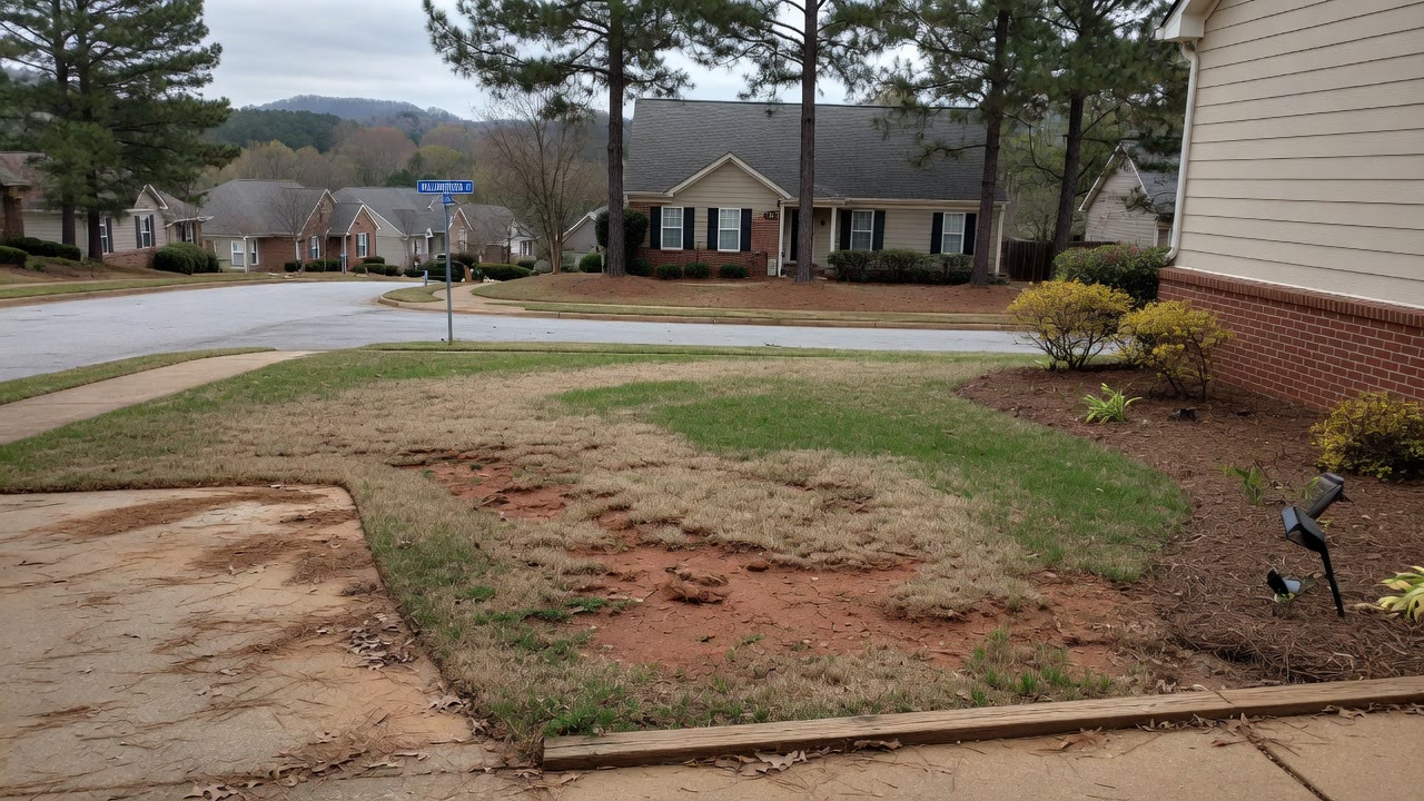 A dry, patchy front lawn with bare red-clay spots and thin brown grass