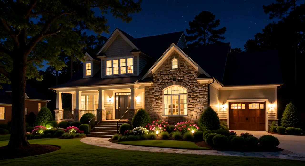 A metro Atlanta home lit at night by Atlanta Irrigation Company