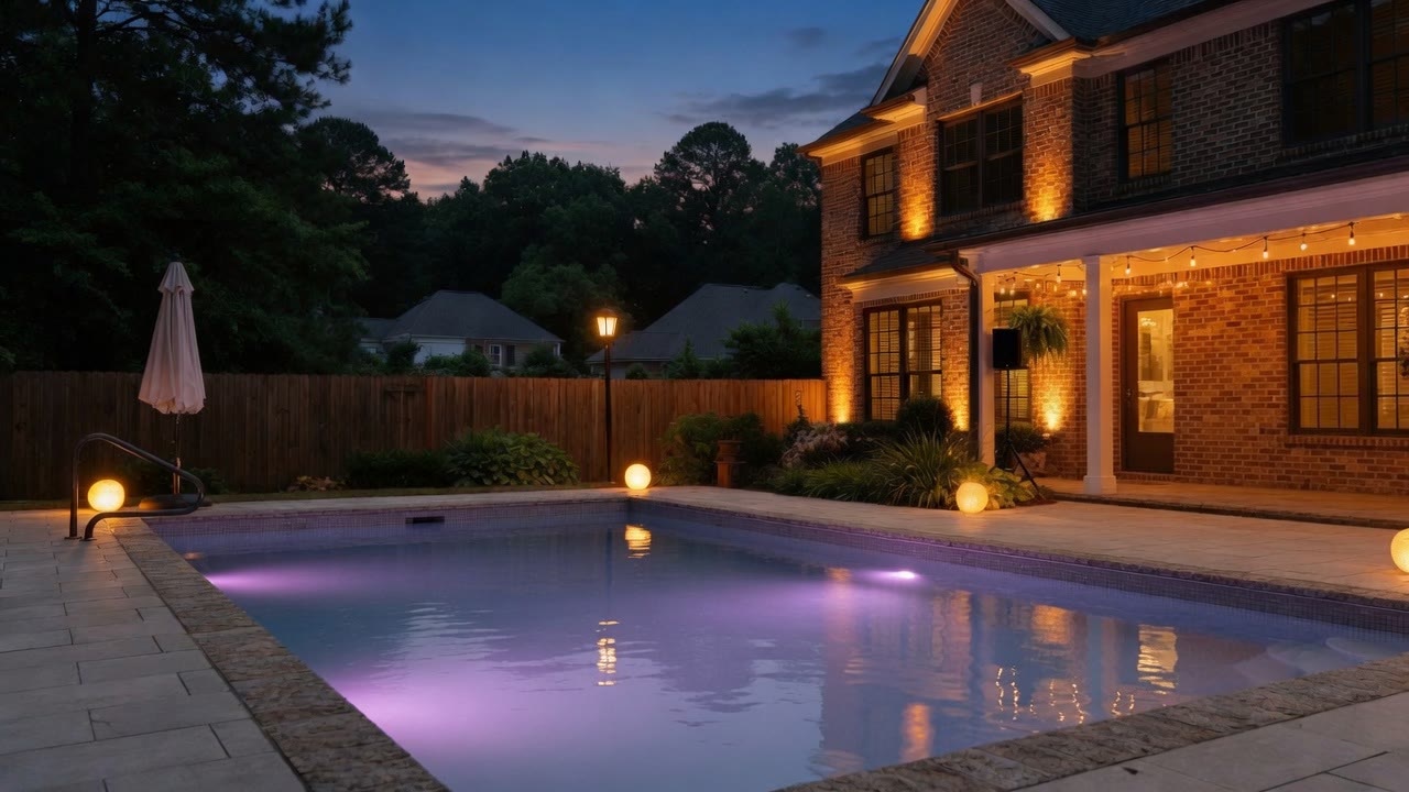 The same pool and patio at dusk, lit with warm facade uplighting, globe lights and string lights