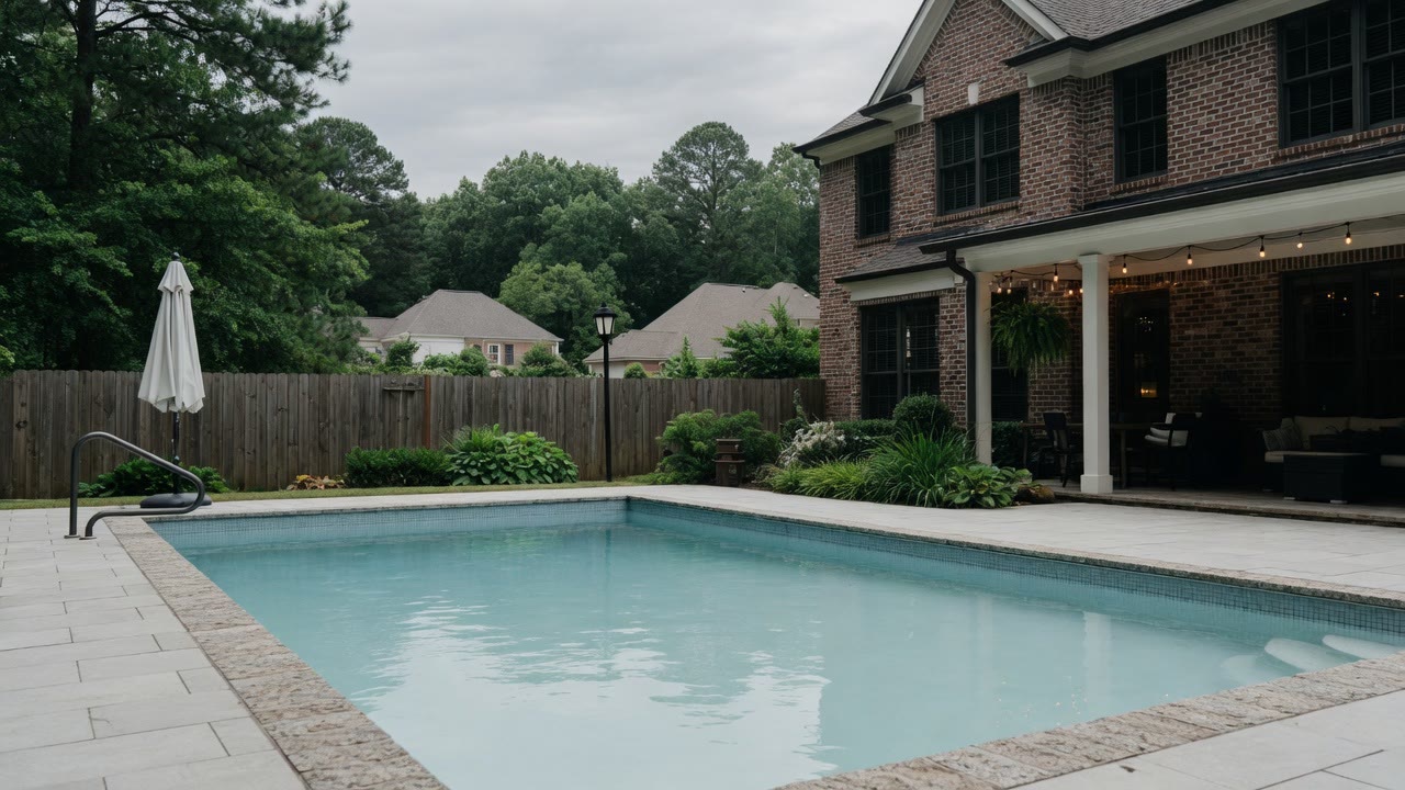 A brick home's pool and patio on an overcast afternoon, before landscape lighting