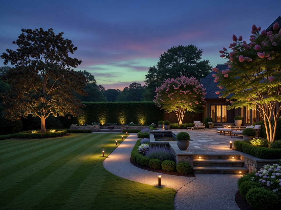 Warm LED landscape lighting across a North Atlanta backyard at dusk