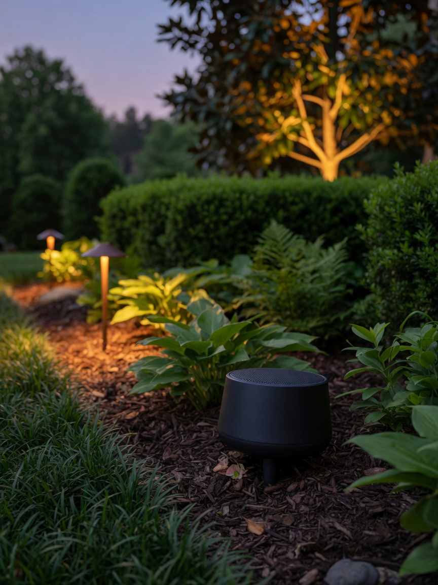 A weatherproof landscape speaker tucked discreetly into a garden bed