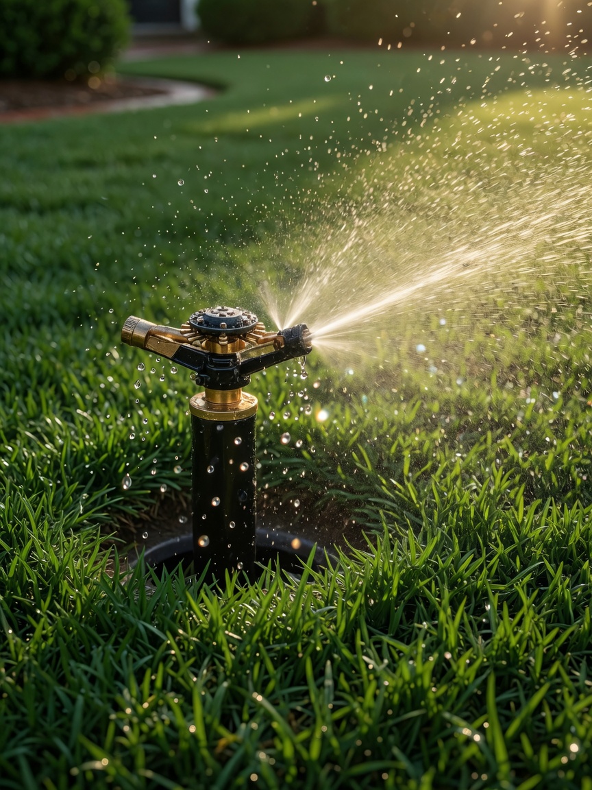 Sprinkler head misting a healthy green lawn in daylight