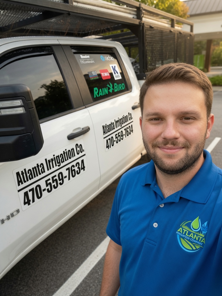 Atlanta Irrigation Company technician beside a company truck