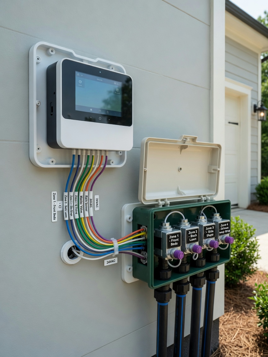 Irrigation valve box with clean wiring and solenoid valves