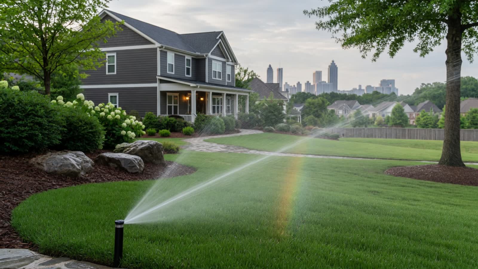 A sprinkler running on a green lawn with the Atlanta skyline behind